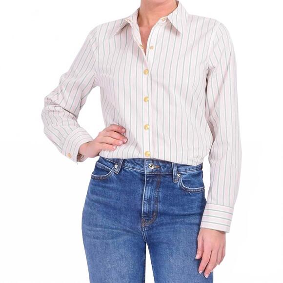 NEW L'AGENCE ellery long sleeve blouse in baby pink and sage stripe